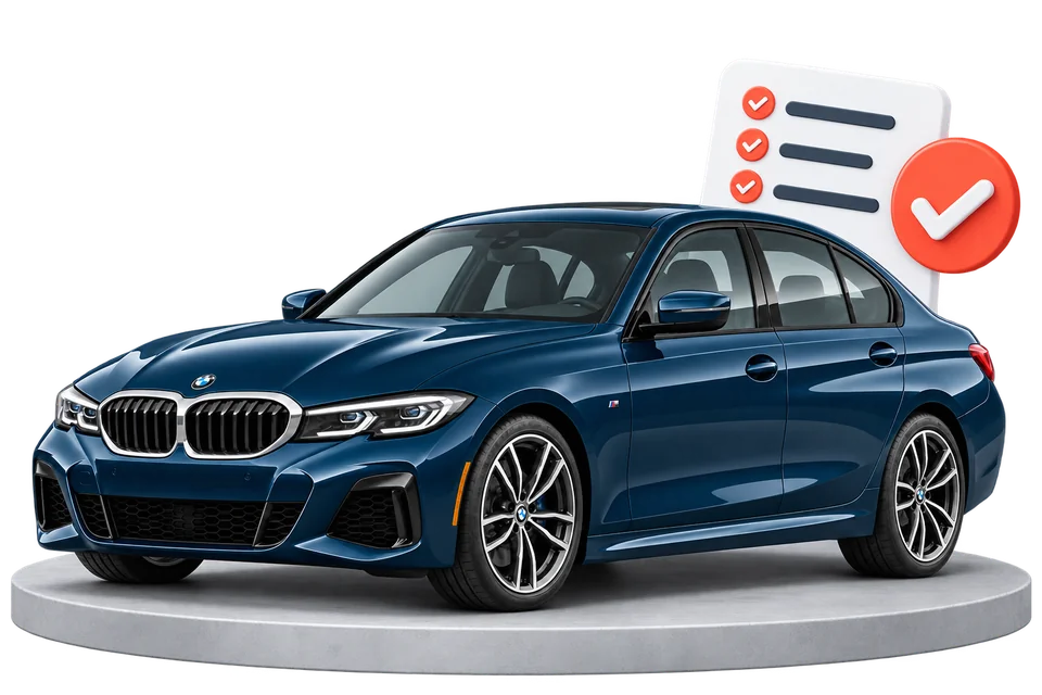 Plavi BMW na platformi pokraj popisa za provjeru